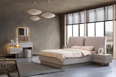 Modernes Schlafzimmer Set 4Tlg. Bett Schminktisch Nachttische Beige Modern