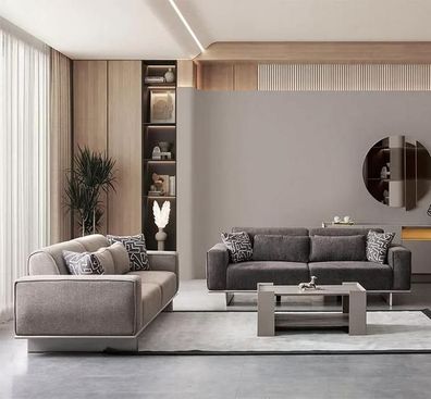 Hellgraue Sitzgarnitur Polster Stoff Couch Textil Sofa Sofagarnitur Moderne 3 + 3