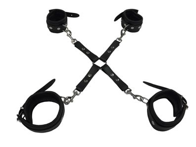 Leder Bondage Hogtied Kreuz Fesselset mit Handfesseln Fufesseln gepolstert schwarz