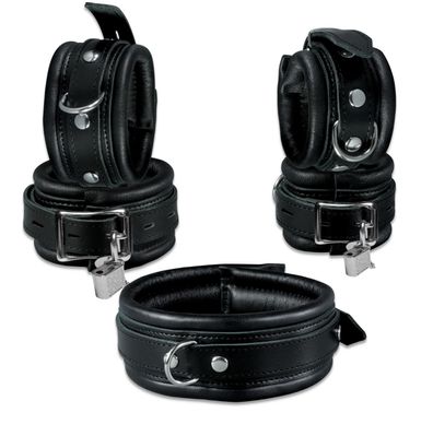 Leder Bondage Set Halsband Handfesseln Fußfesseln Fesselset gepolstert schwarz