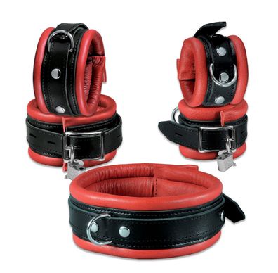 Leder Bondage Set Halsband Handfesseln Fußfesseln Fesselset gepolstert rot