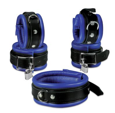 Leder Bondage Set Halsband Handfesseln Fußfesseln Fesselset gepolstert blau