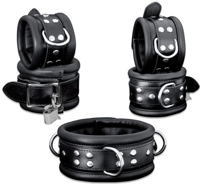 Leder HQ Bondage Set Halsband Handfesseln Fußfesseln Fesselset gepolstert schwarz