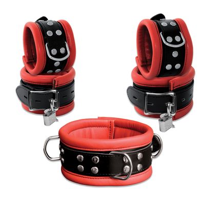 Leder HQ Bondage Set Halsband Handfesseln Fußfesseln Fesselset gepolstert rot