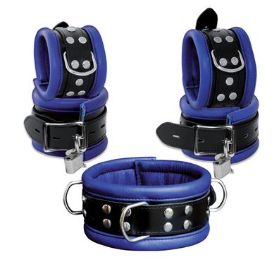 Leder HQ Bondage Set Halsband Handfesseln Fußfesseln Fesselset gepolstert blau