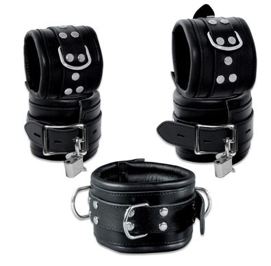 Leder 80mm Bondage Set Halsband Handfesseln Fußfesseln Fesselset gepolstert schwarz