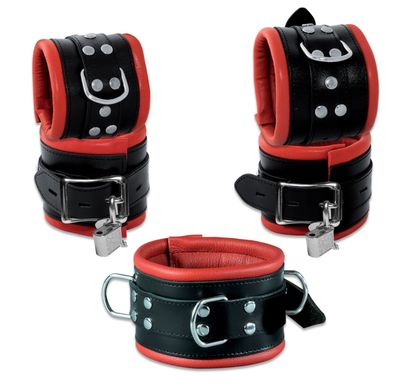 Leder 80mm Bondage Set Halsband Handfesseln Fußfesseln Fesselset gepolstert rot