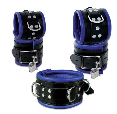 Leder 80mm Bondage Set Halsband Handfesseln Fußfesseln Fesselset gepolstert blau