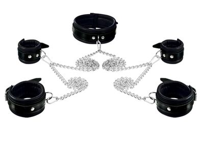 Leder Ketten Bondage Set Halsband Handfesseln Fußfesseln Fesselset gepolstert schwarz