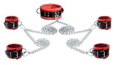 Leder HQ Ketten Bondage Set Halsband Handfesseln Fußfesseln Fesselset gepolstert rot