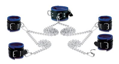 Leder 80mm Ketten Bondage Halsband Handfesseln Fußfesseln Fesselset gepolstert blau