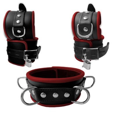 Leder Bondage Set Halsband Handfesseln Fußfesseln Fesselset rot