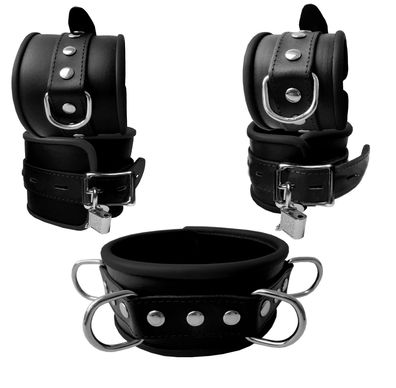 Leder Bondage Set Halsband Handfesseln Fußfesseln Fesselset schwarz