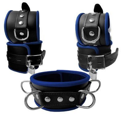 Leder Bondage Set Halsband Handfesseln Fußfesseln Fesselset blau