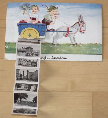 Gruß aus Rosenheim Leporello Postkarte Kinder mit Wagen 1942