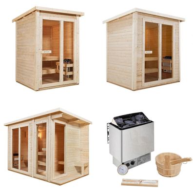 Outdoor Glas Holz Sauna Gartensauna 3 Größen Komplett SET mit Sauna Ofen Zubehör