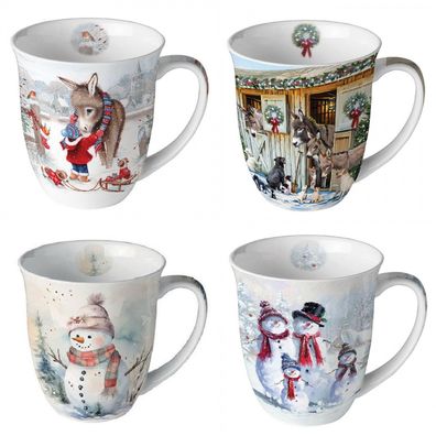 1 Kaffeebecher Weihnachten Winter Schneemann Esel Tiere Henkelbecher Tasse Schnee