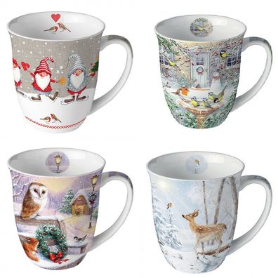 1 Kaffeebecher Weihnachten Winter Wichtel Eule Hirsch Tiere Henkelbecher Tasse Schnee