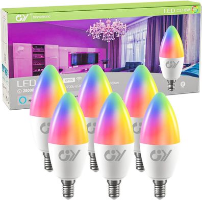 GY Alexa Smart LED Glühbirne E14 C37, RGB Dimmbar, 6W, 6er Pack Sprachsteuerung