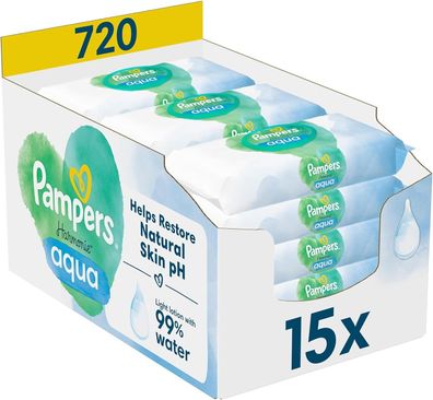 Pampers Harmonie Aqua Wet Wipes 15 Packs of 48 Wet Wipes - 720 Wet Wipes that Help Re