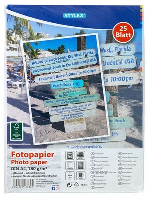 Stylex Fotopapier, DIN A4, 180 g, 25 Blatt - glänzend, für Inkjet/ Tintenstrahl