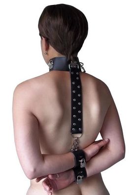 Leder Bondage Hals Handfesseln mit Kette schwarz