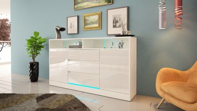Kommode Wohnzimmerschrank 160CM MIT LED-STREIFEN WEISS / Schwarz Hochglanz