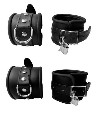 Leder extra breites Bondage Set Handfesseln Fußfessel Fesselset schwarz