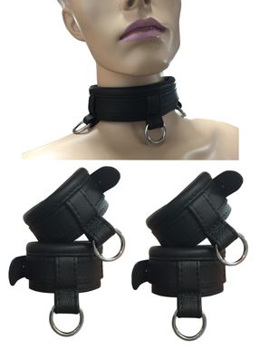 Leder Bondage Set Halsband Handfesseln Fußfesseln Fesselset mit Down-Ring gepolstert