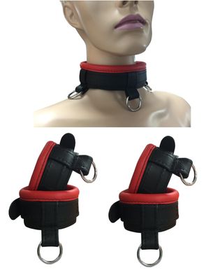 Leder Bondage Halsband Handfesseln Fufesseln Fesselset mit Down-Ring gepolstert rot