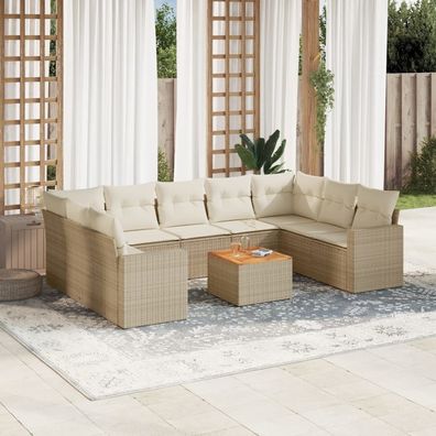 vidaXL 10-tlg. Garten-Sofagarnitur mit Kissen Beige Poly Rattan