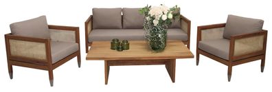 Designer Stilvoller Sofa Set 3 + 1+1 Sitzer Holz Couchtisch Gartenmöbel Komplett