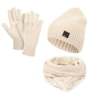 Damen Mütze Schal Handschuhe Set Winter Beanie Strickmütze Winterschal mit Fransen