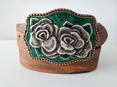 umjuBELT Gürtelschnalle Western rose grün groß bunt unsiex Schließe 8x11cm