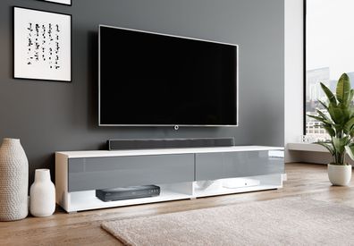 Furnix TV-Lowboard Kommode Alyx 180 cm TV-Schrank modern Weiß - Grau glänzend