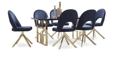 Designer Esszimmer Set Holztischplatte Edelstahlfüße Tisch Stühle 7Tlg