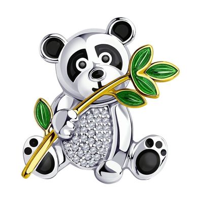 Brosche Anstecknadel Sterlingsilber Zirkonia SteinEmaille Panda Echtschmuck