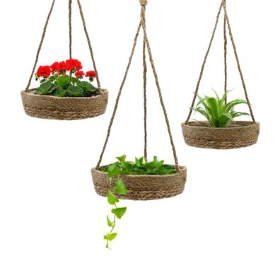 Seegras Blumen Ampel mit Folie 3er Set - 25 / 23 / 21cm - Deko Hänge Pflanz Topf