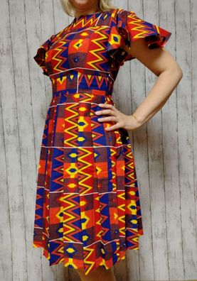 Sommer Kleid afrikanische Baumwolle Kente- Muster mit Taschen Größe 40-46