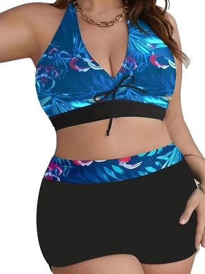 2-teiliges Tankini Set, Neckholder Top & Shorts Rückenfrei Plus Size Größe 54