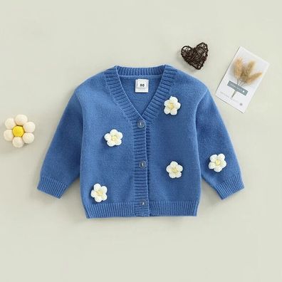 Kleinkind Baumwolle Strickjacke Cardigan Blau 3D Blumenapplikation Größe 80