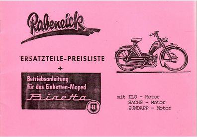 Betriebsanleitung Rabeneick Binetta, Modell 1955, Moped, Oldtimer