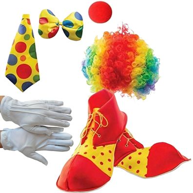 XXL Clown Set Schuhe Nase Perücke Fliege Krawatte Handschuhe Zirkus Theater Show