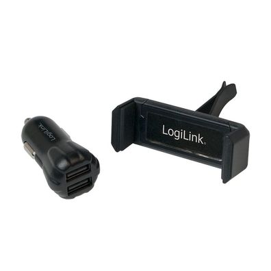 LogiLink USB Kfz Ladegerät + Smatphone Halterung im Set schwarz (2er Blister)