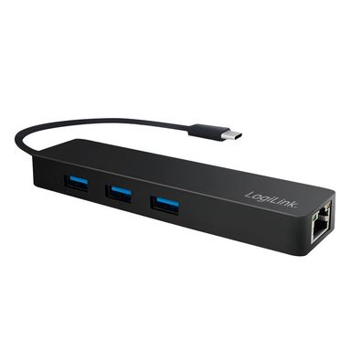 LogiLink USB C 3 Port Hub mit Gigabit Adapter schwarz (1er Faltschachtel)