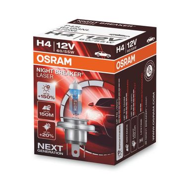 OSRAM NIGHT Breaker LASER H4 P43t 12 V/60-55 W (1er Faltschachtel)