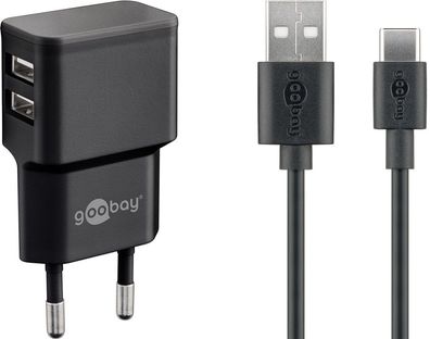 goobay USB C Dual Ladeset 2,4 A schwarz 1 m