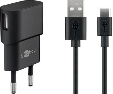 goobay USB C Ladeset 1 A Netzteil mit Type C Kabel schwarz 1 m (1er Softpack)