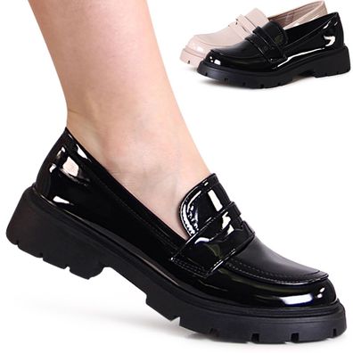 topschuhe24 2870 Damen Lack Halbschuhe Plateau Slipper