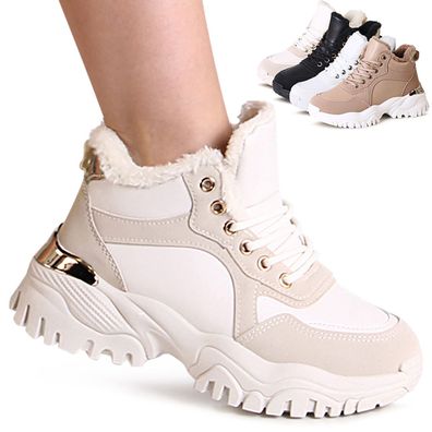 topschuhe24 2903 Damen Plateau Sneaker Stiefeletten Kunstfell